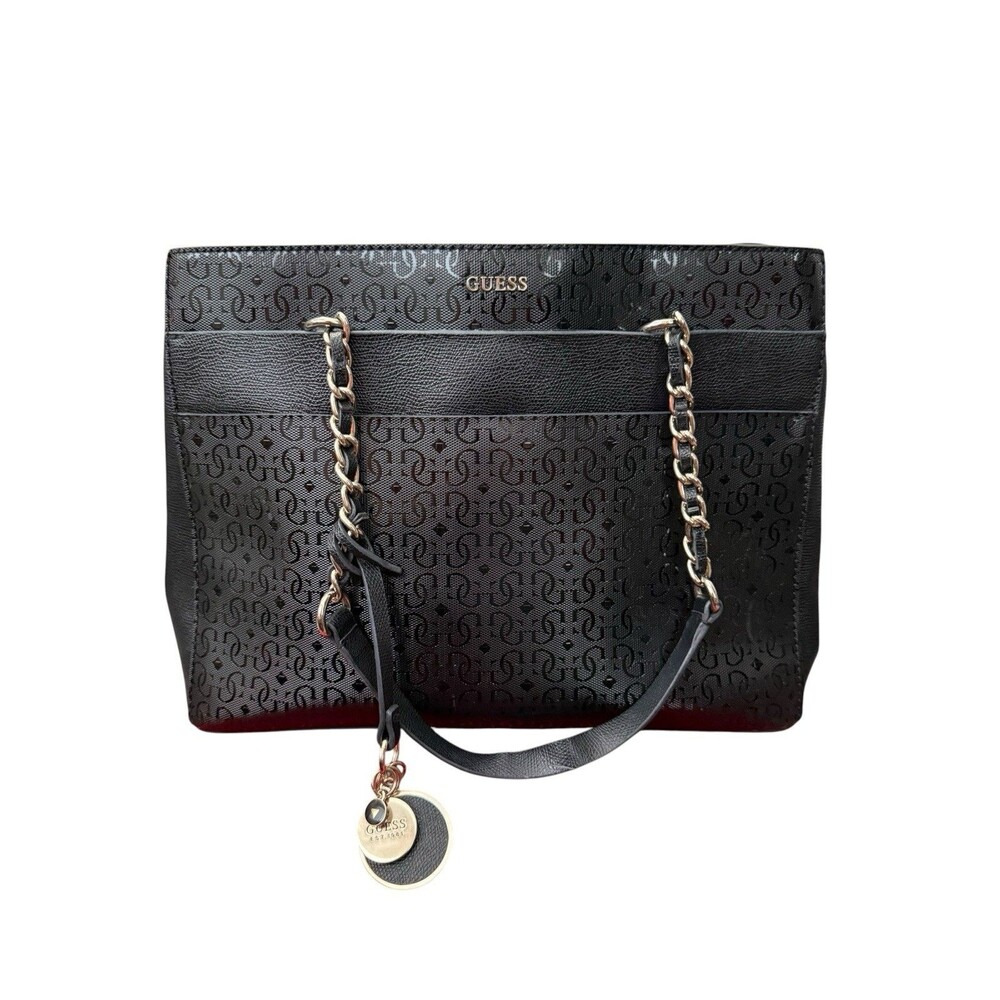 GUESS Black Tonal Logo Monogram Tote Gold Chain Shoulder Bag Charm Y2K